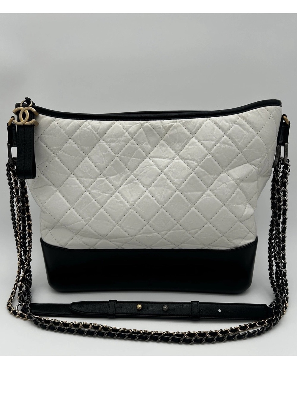 Chanel Gabrielle Large Hobo Bag Quilted Black White Aged Calfskin COA